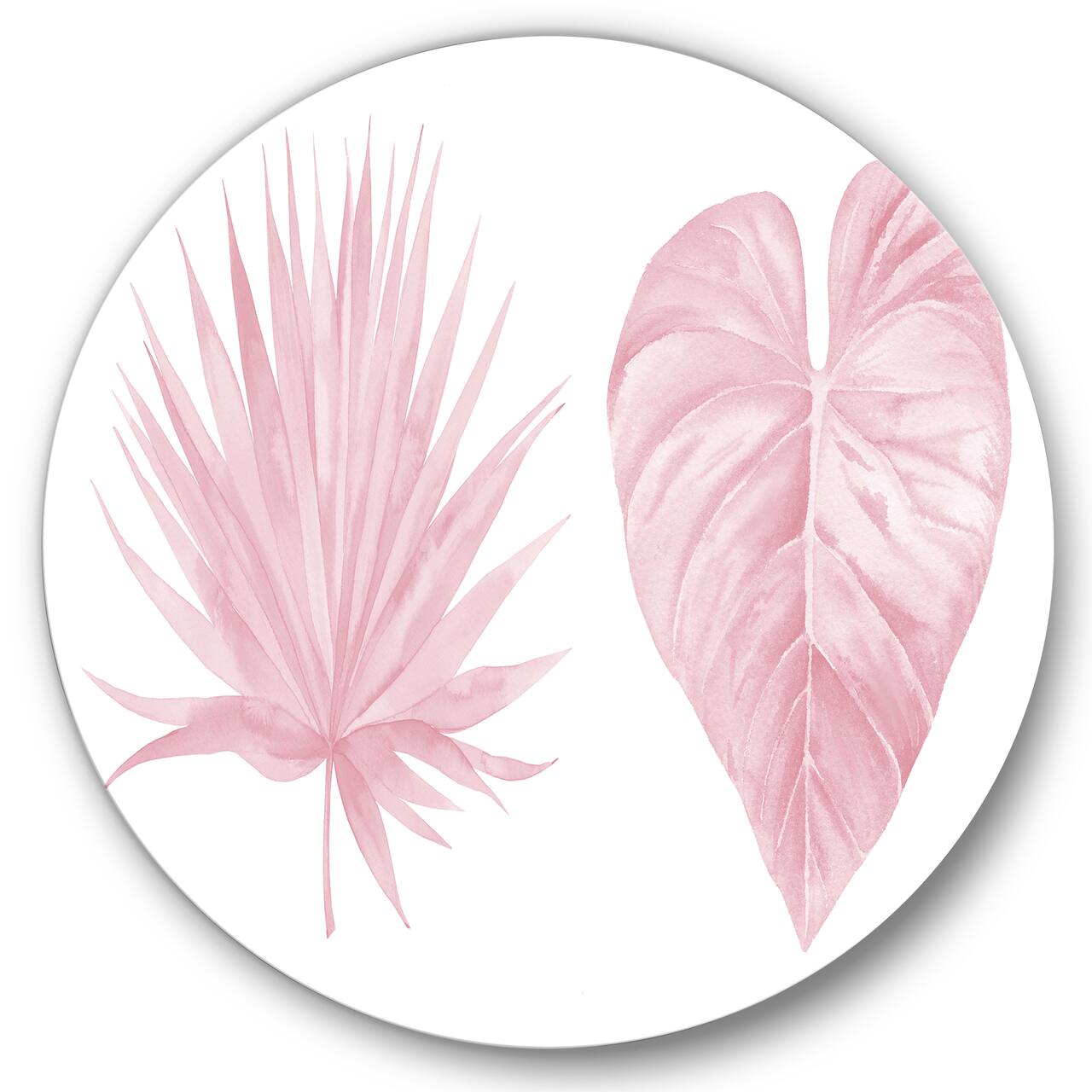Designart - Tropical Pink Watercolour Leaves II - Shabby Chic Metal Circle Wall Art